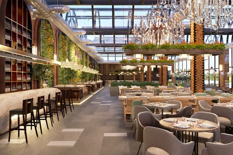 Terrasse de restaurant bistronomique animée en soirée