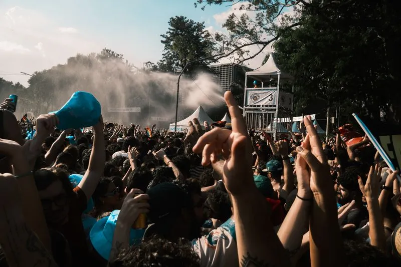 Foule en liesse, bras levés, lors d'un festival de musique en plein jour