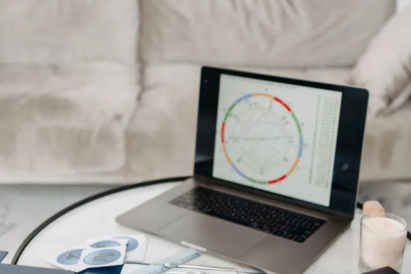 Ordinateur portable posé sur une table basse, affichant la roue d'un thème astral, à côté de cartes des signes du zodiaque, d'une règle et d'une bougie