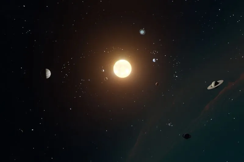 Illustration du Soleil entouré de plusieurs planètes du système solaire, dont Saturne et ses anneaux