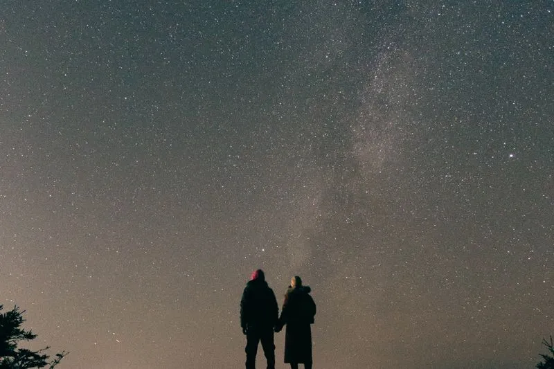 Silhouette d'un couple se tenant la main sous un ciel étoilé avec la Voie lactée