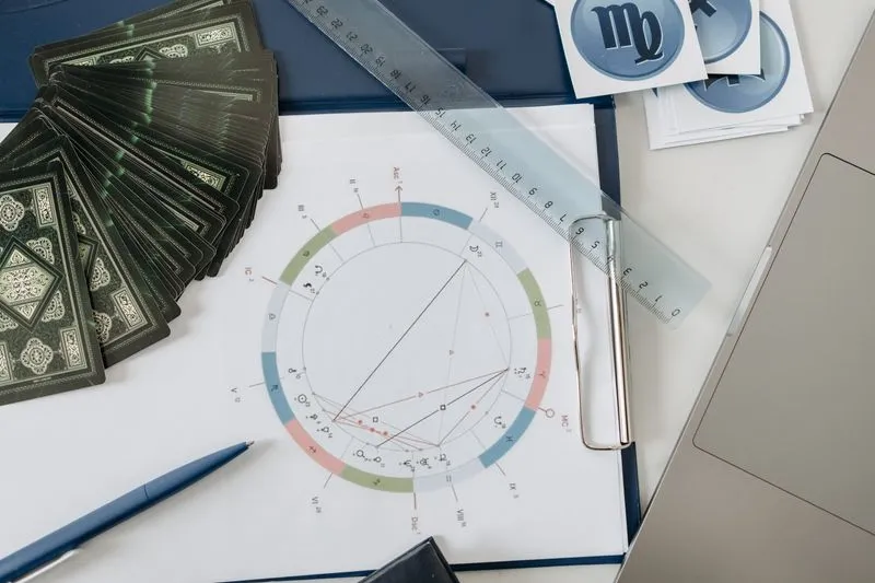 Thème natal tracé sur une feuille, entouré de cartes de tarot, d'une règle, d'un stylo et de cartes aux symboles du zodiaque