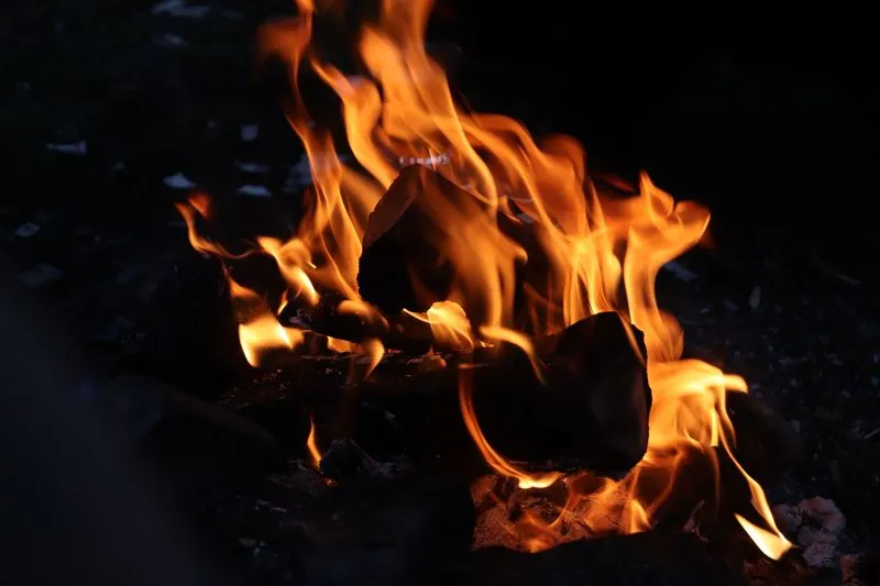 Flammes vives d'un feu de bois qui brûle dans la nuit