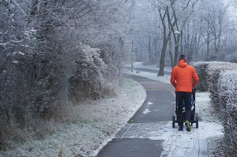 Un homme en doudoune orange pousse une poussette dans une allée de parc givrée, en hiver