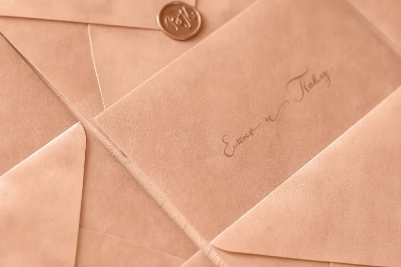Enveloppes de faire-part rose poudré, l'une fermée d'un cachet de cire, une autre portant des prénoms calligraphiés