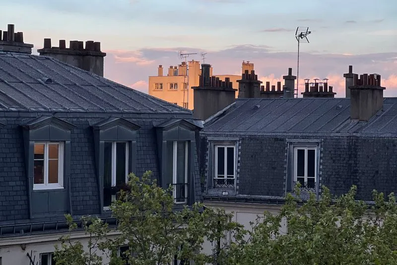 Toits en ardoise et cheminées d'immeubles parisiens sous un ciel rosé de fin de journée