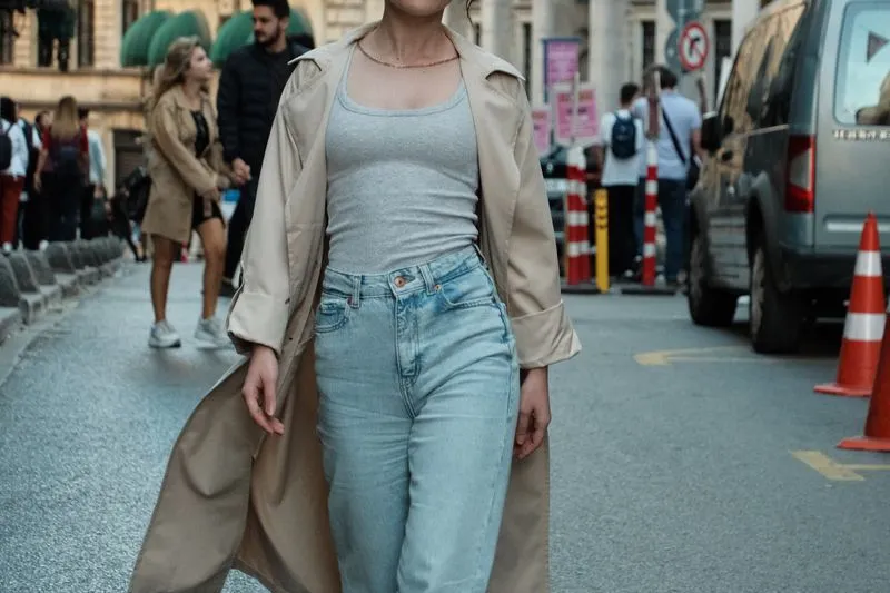 Femme en trench beige long et ouvert, manches retroussées, sur un débardeur gris et un jean clair taille haute, dans une rue animée