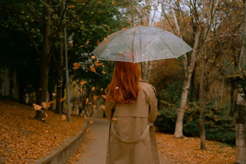 Femme de dos en trench beige sous un parapluie transparent, dans une allée de parc couverte de feuilles mortes