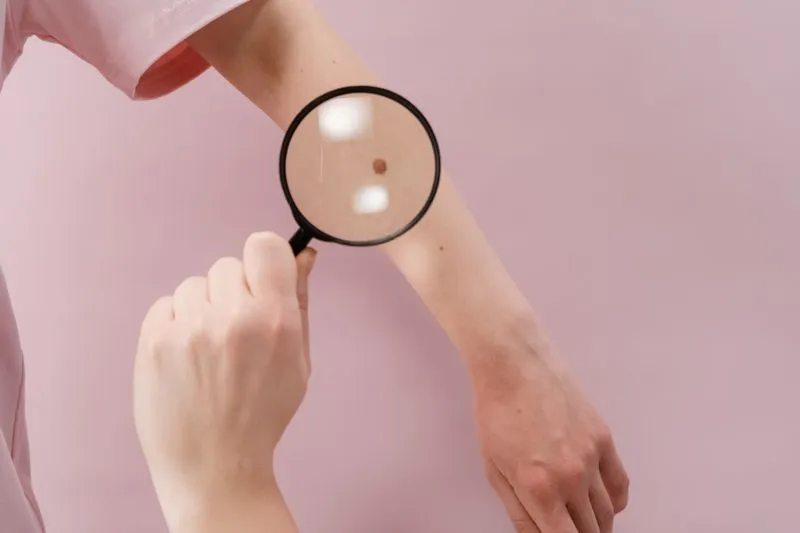 Main qui tient une loupe au-dessus de l'avant-bras pour observer de près un grain de beauté