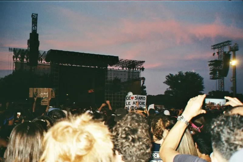 Public d'un festival en plein air au coucher du soleil, scène éclairée au loin et pancartes brandies dans la foule