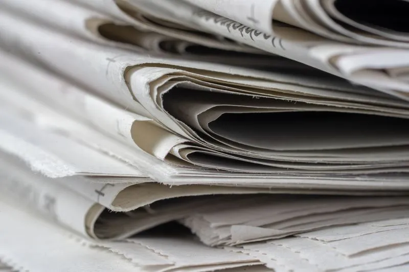 Pile de journaux pliés, vue en gros plan sur leurs tranches