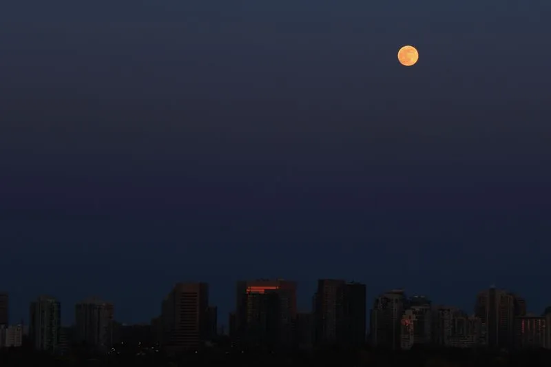 Pleine lune qui se lève au-dessus des toits d'une ville, dans un ciel bleu nuit