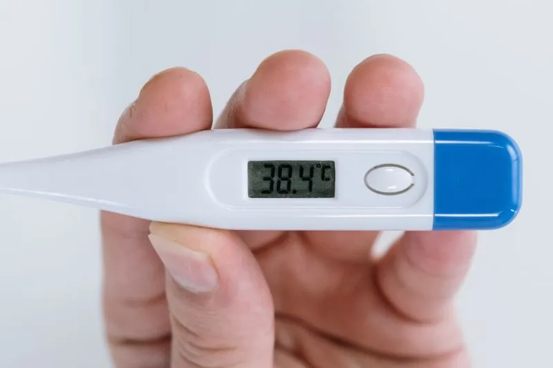 Thermomètre médical numérique tenu en main, affichant 38,4 °C